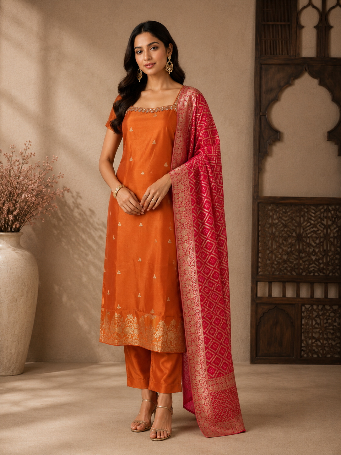 Elegant Orange Silk Straight Suit Set with Pink Banarasi Dupatta